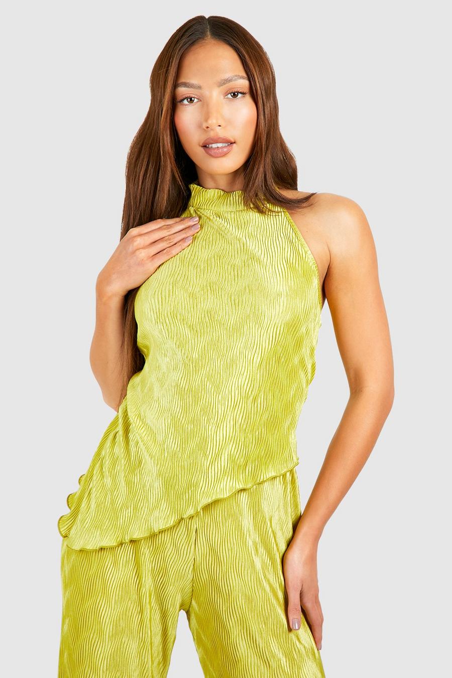 Lime Tall Plisse Halter Asymmetric Top image number 1