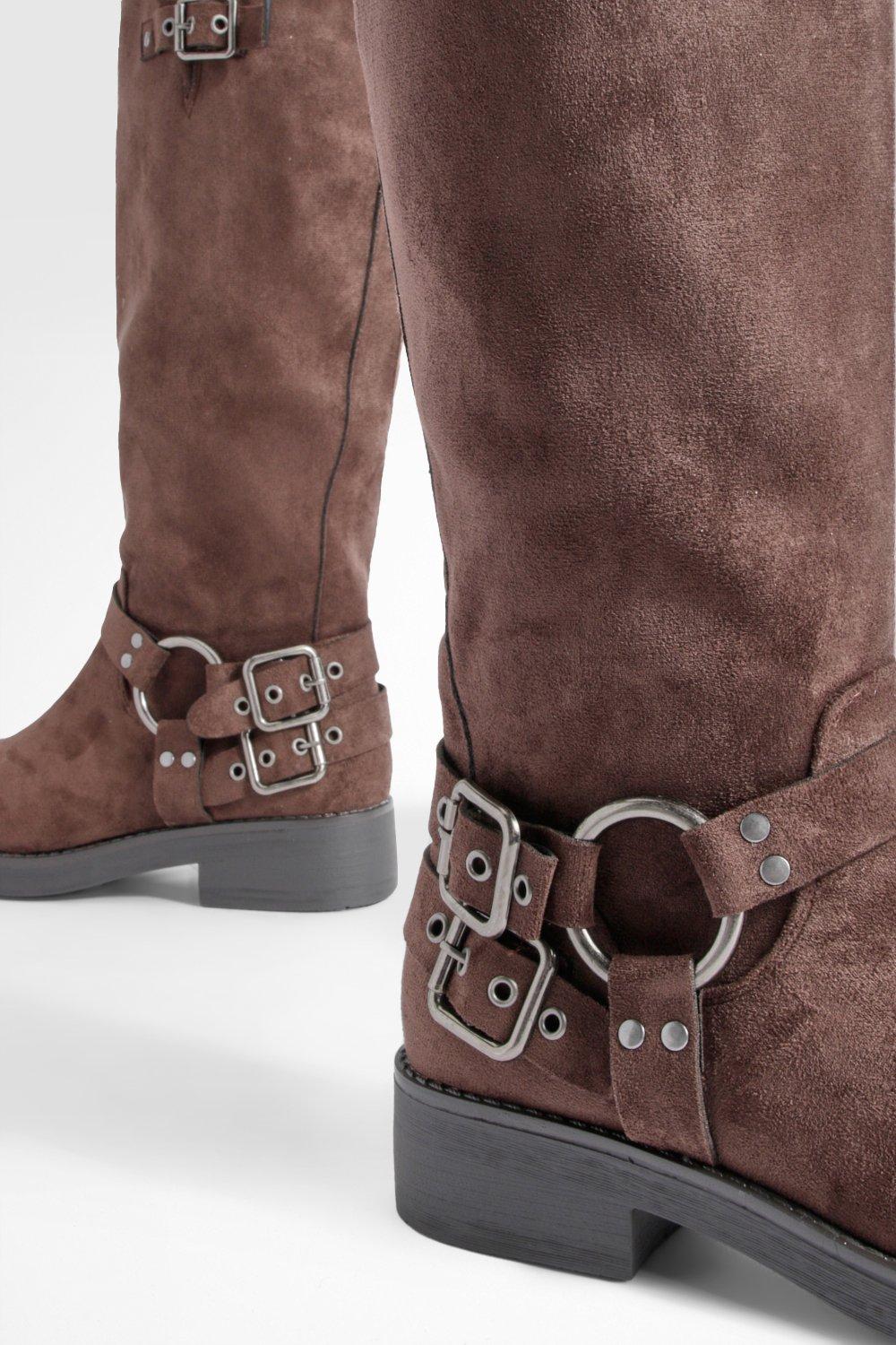 Buckle Detail Harness Knee High Boots | boohoo