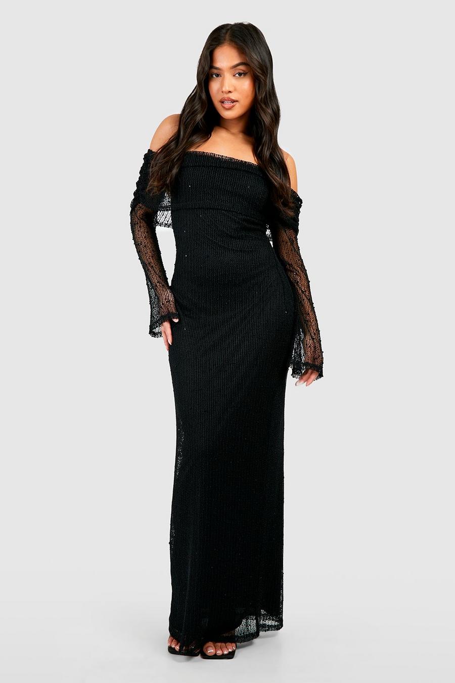 Black Petite Textured Knit Bardot Drape Maxi Dress  image number 1