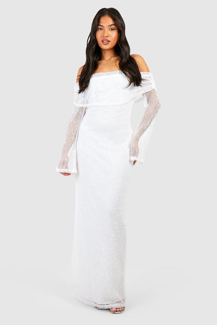 Vestido Petite maxi drapeado texturizado de punto con escote bardot, White image number 1