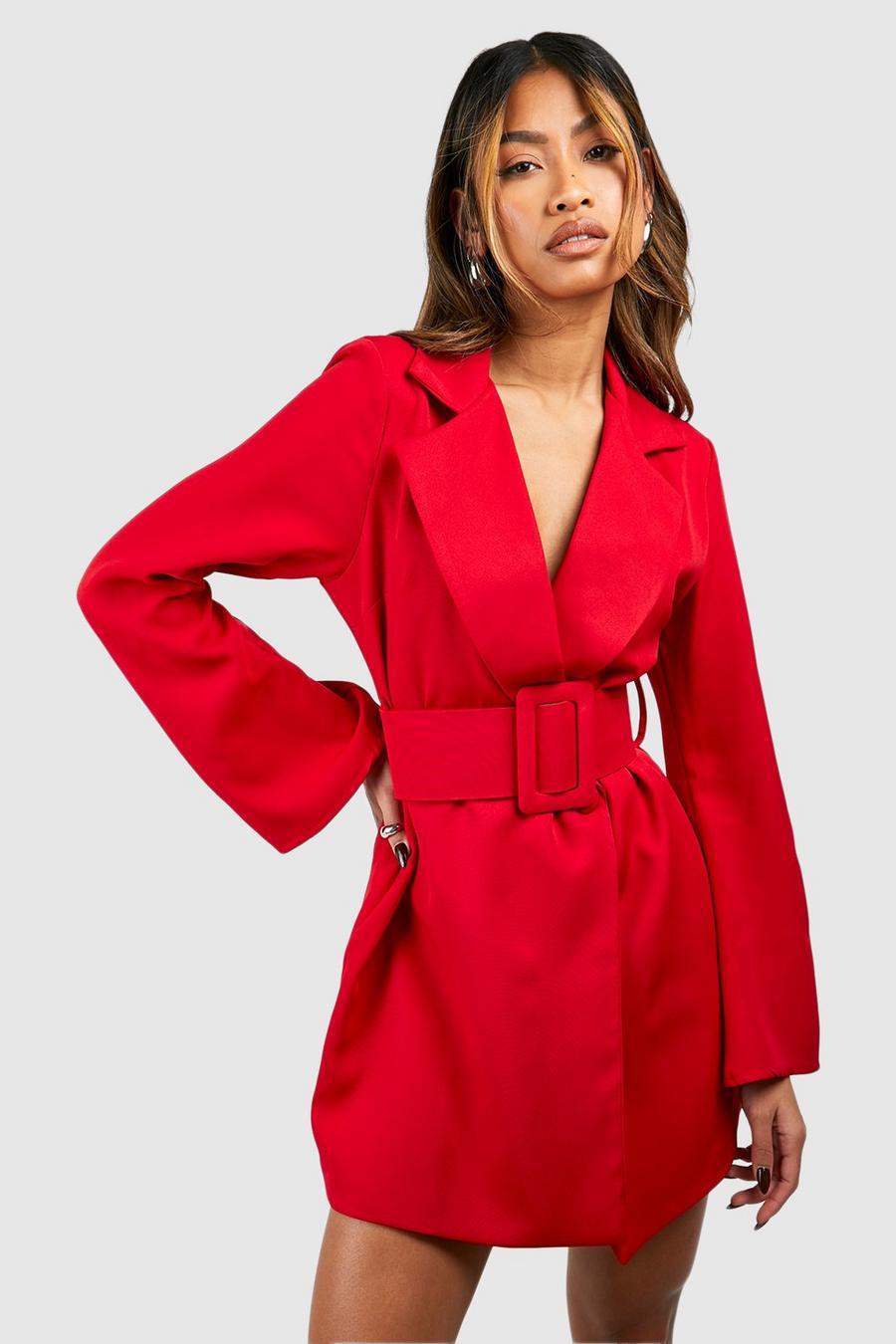Red Flared Sleeve Chunky Belt Blazer Dress image number 1