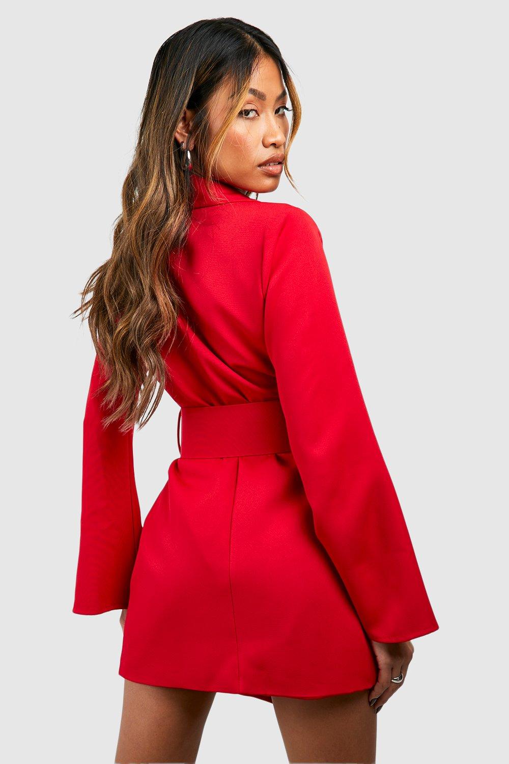 Flared Sleeve Chunky Belt Blazer Dress boohoo