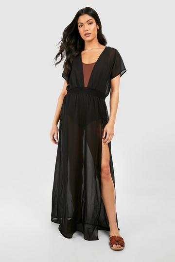 Black Maternity Shirred Waist Maxi Beach Kaftan