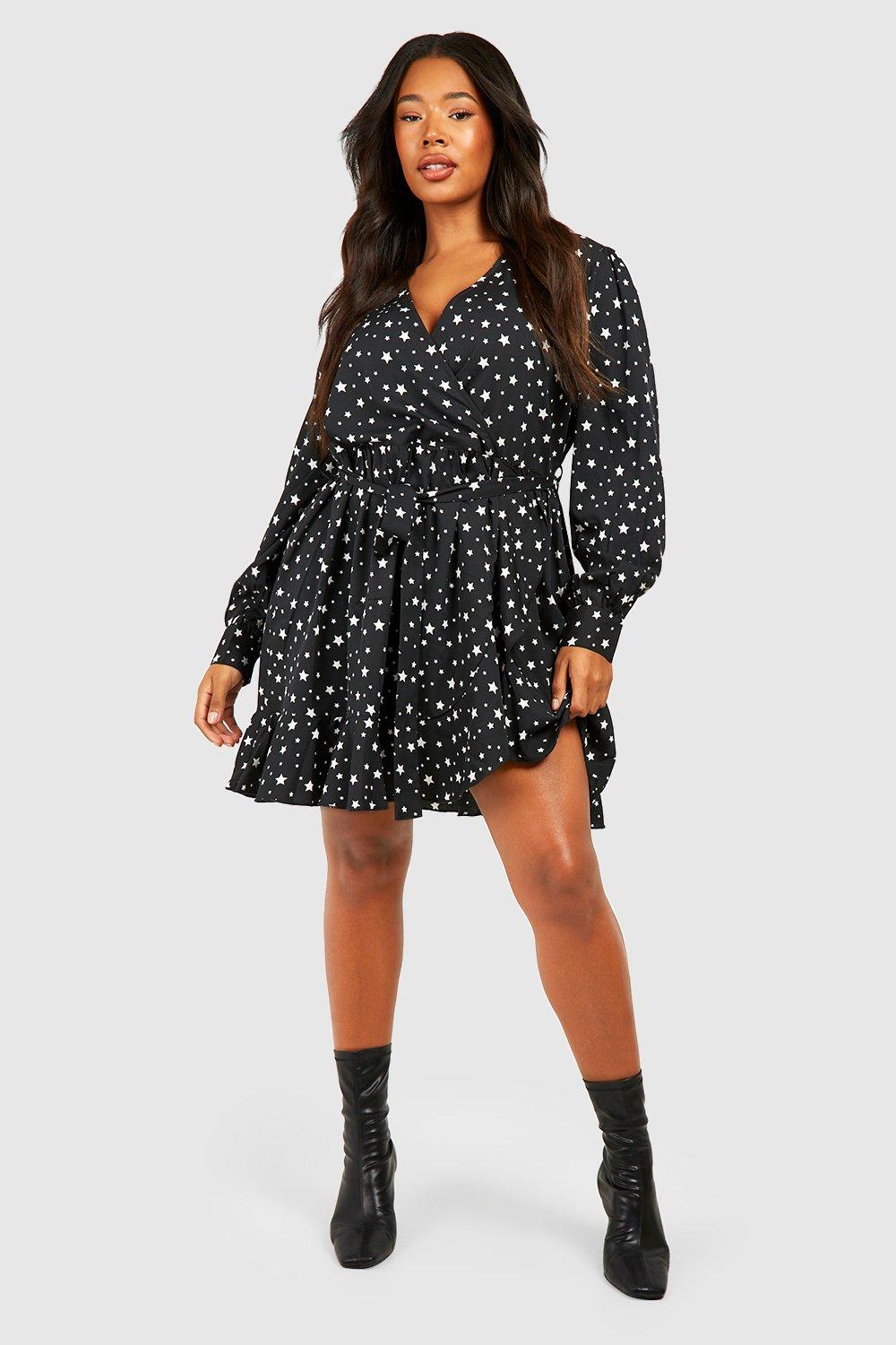 Plus Star Print Wrap Ruffle Skater Dress boohoo