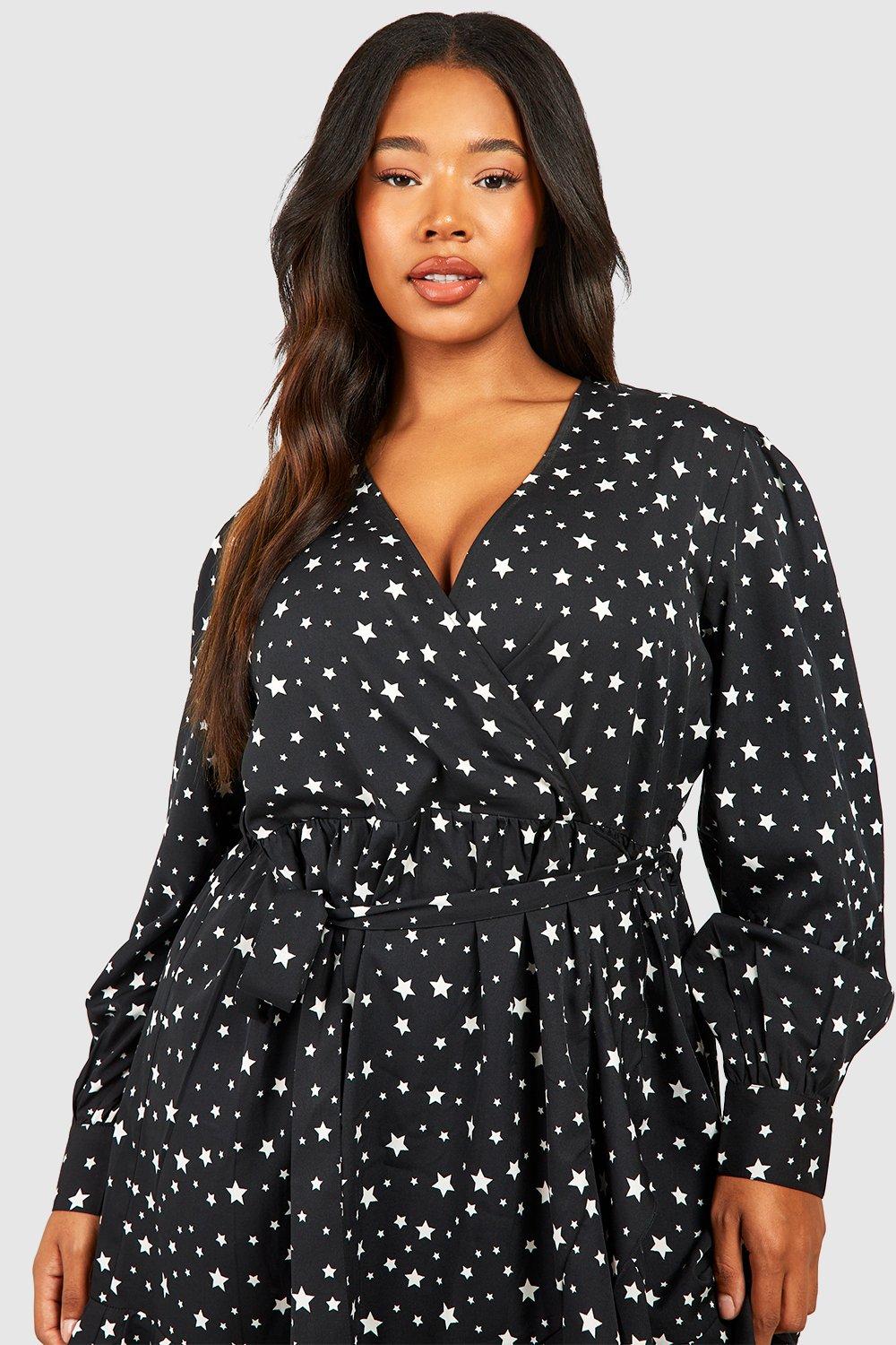 Women s Plus Star Print Wrap Ruffle Skater Dress Boohoo UK