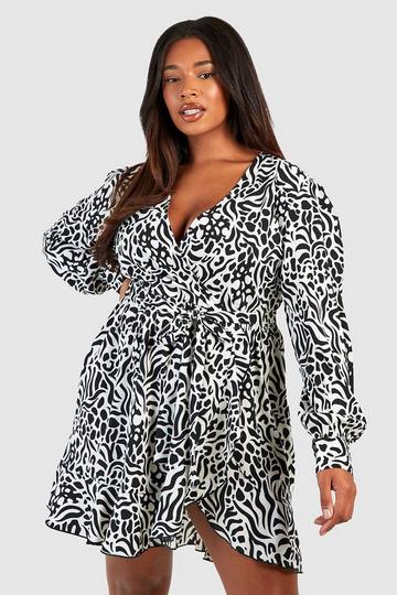 Plus Zebraprint Wikkel Skater Jurk Met Ruches black