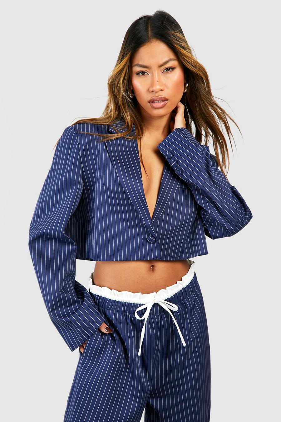 Navy Pinstripe Double Breasted Boxy Crop Blazer image number 1