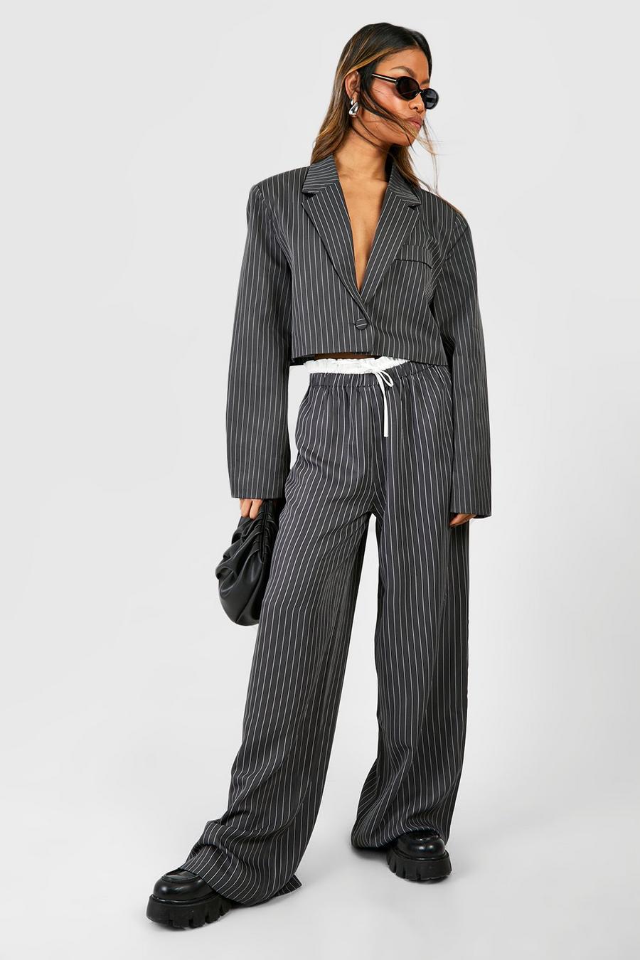 Charcoal Pinstripe Boxer Waistband Drawstring Wide Leg Trousers image number 1