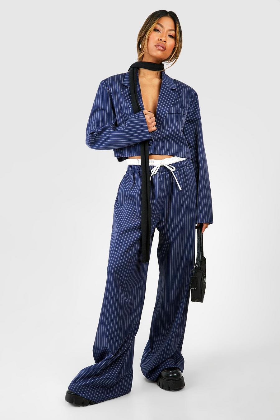 Navy Pinstripe Boxer Waistband Drawstring Wide Leg Trousers image number 1