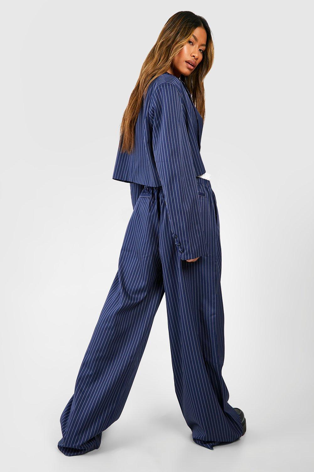 Pinstripe Boxer Waistband Drawstring Wide Leg Pants