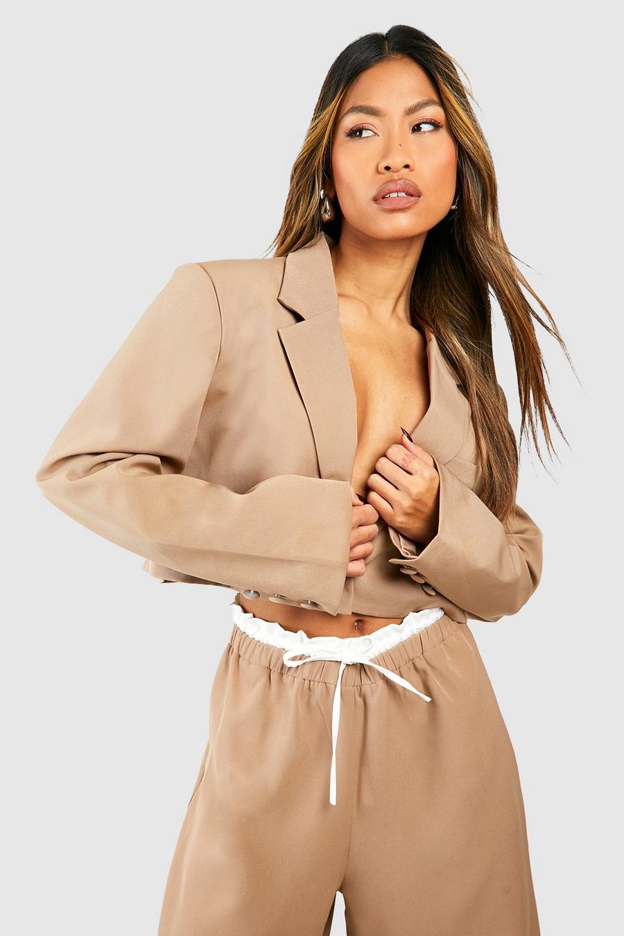 Mocha Double Breasted Boxy Crop Blazer image number 1