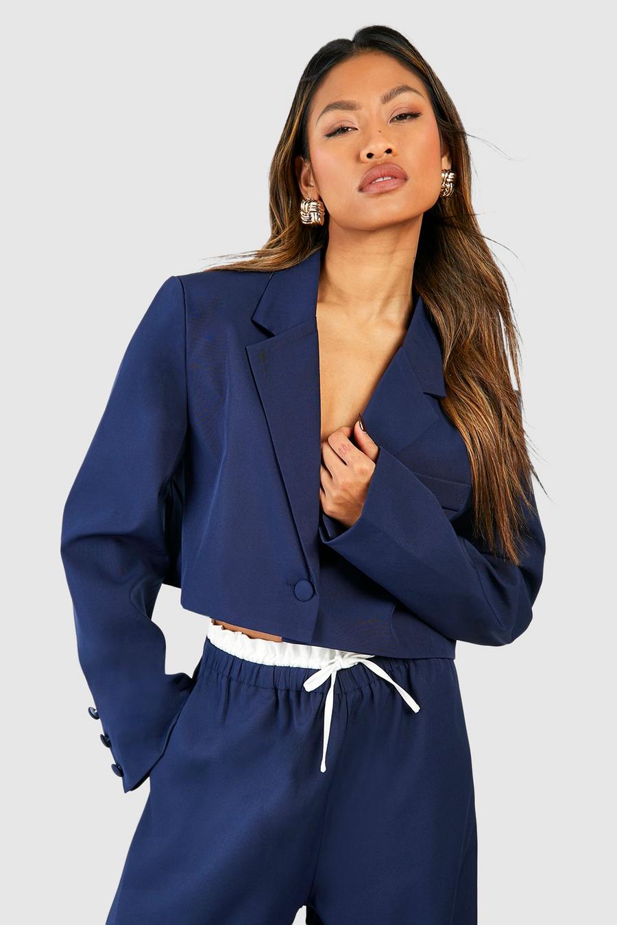 Navy Double Breasted Boxy Crop Blazer image number 1