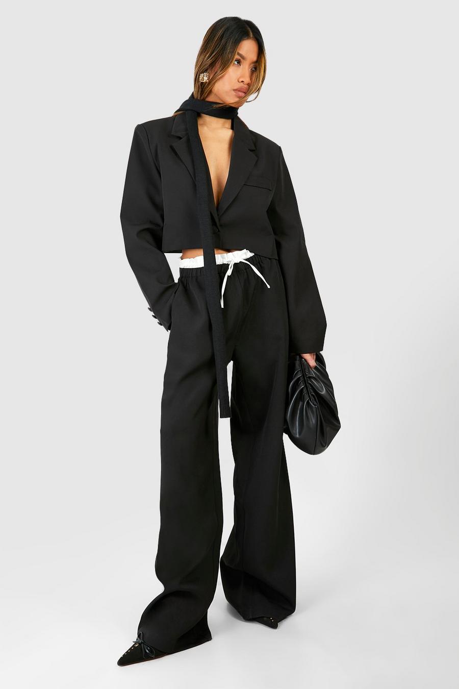 Black Boxer Waistband Drawstring Wide Leg Trousers image number 1