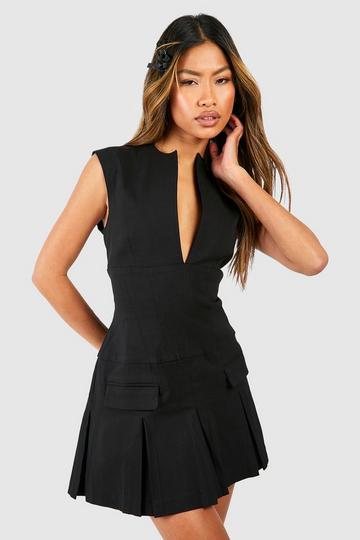 Black Tailored Notch Neck Pleated Mini Dress