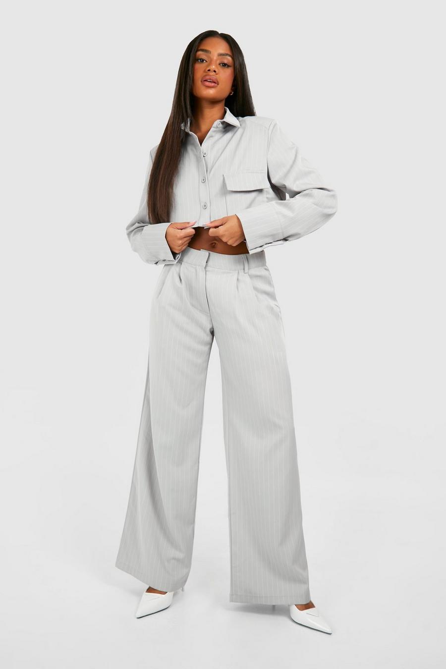 Light grey Pinstripe Mid Rise Tailored Wide Leg Pants image number 1