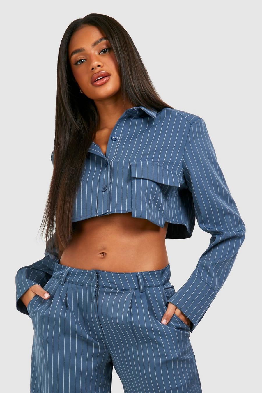 Slate blue Pinstripe Boxy Pocket Shirt  image number 1