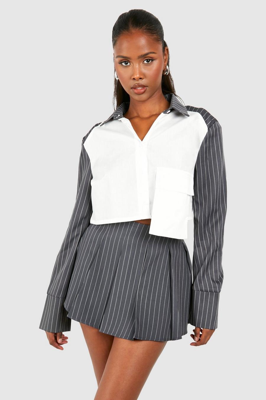 Grey Pinstripe Pleaed Mid Rise Micro Mini Skirt image number 1