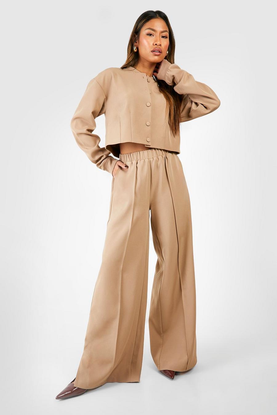 Mocha Tailored Seam Front Slouchy Wide Leg Trousers