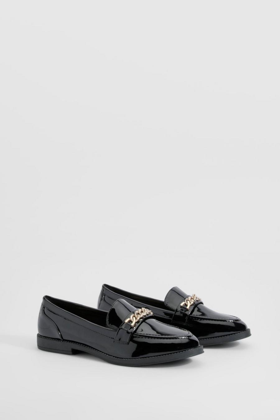 Black Wide Fit Chain Trim Patent Loafers image number 1