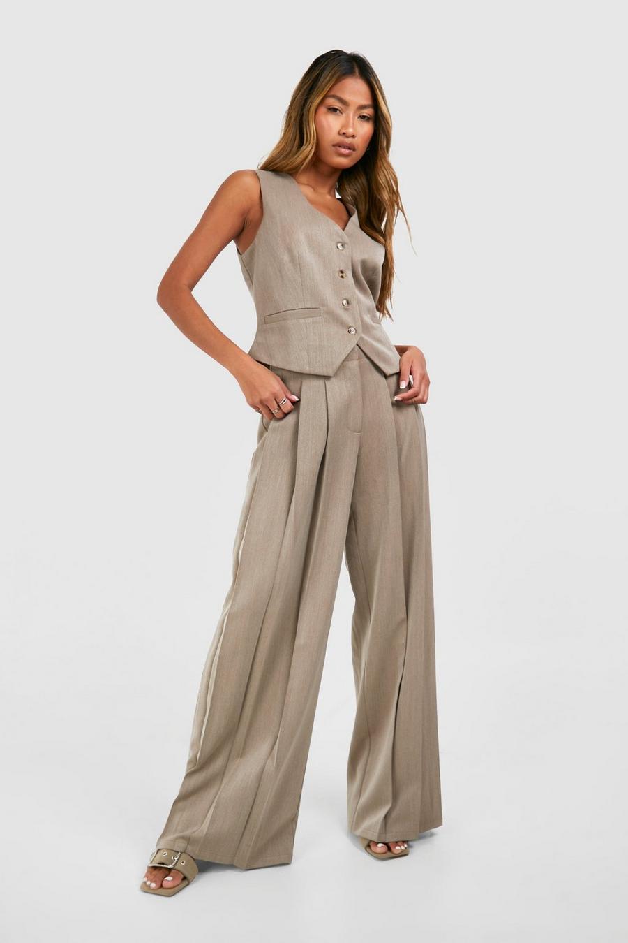 Taupe Linen Look Extreme Pleat Wide Leg Pants
