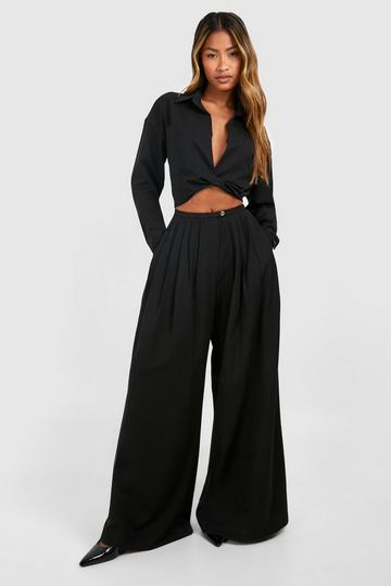 Linen Look Low Rise Extreme Wide Leg Pleated Pants black