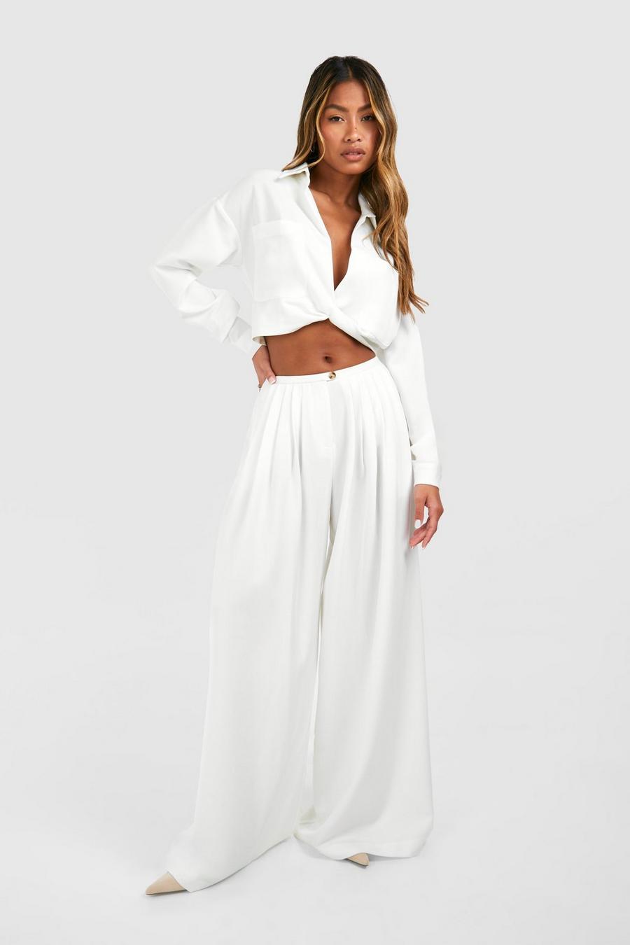 Ivory Linen Look Low Rise Extreme Wide Leg Pleated Pants
