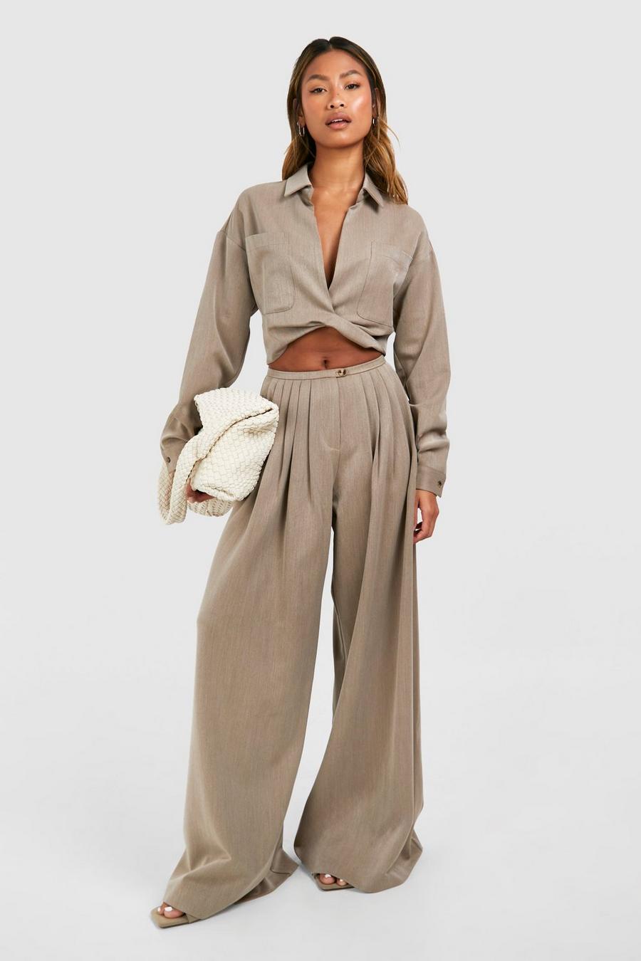 Taupe Linen Look Low Rise Extreme Wide Leg Pleated Pants image number 1