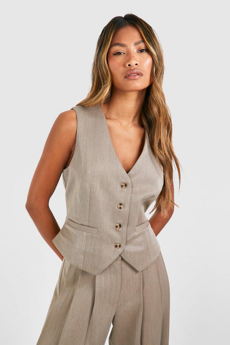 Taupe Linen Look Mock Horn Fitted Waistcoat image number 1