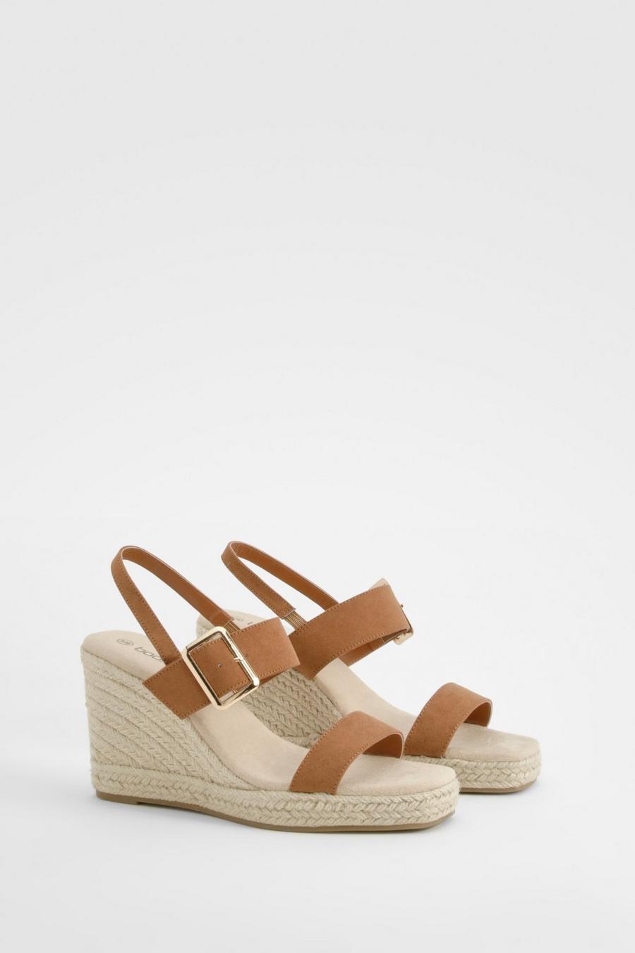 Tan Double Strap Buckle Detail Wedges image number 1