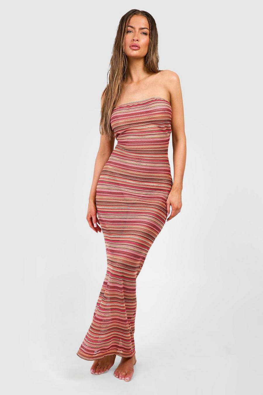Red Stripe Crochet Bandeau Beach Maxi Dress image number 1