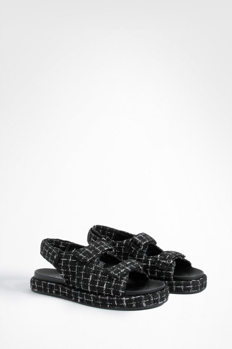 Sandali a calzata ampia in bouclé con lucchetto, Black image number 1