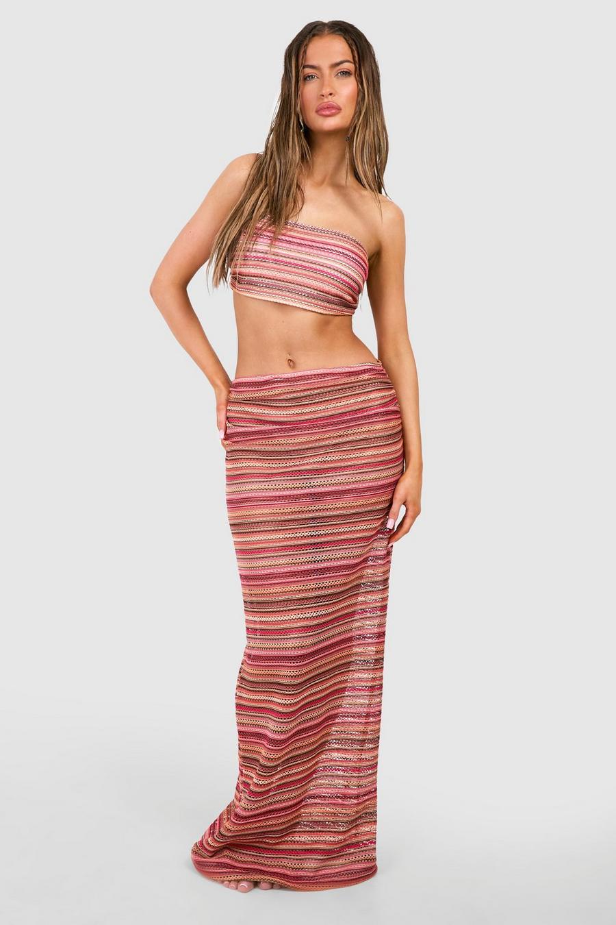 Red Stripe Crochet Top & Skirt Beach Co-ord image number 1