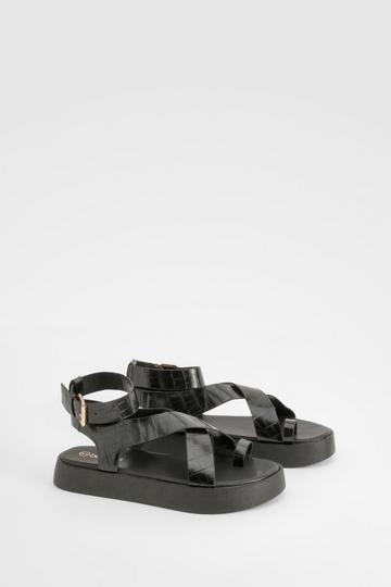 Black Toe Loop Croc Chunky Sandals