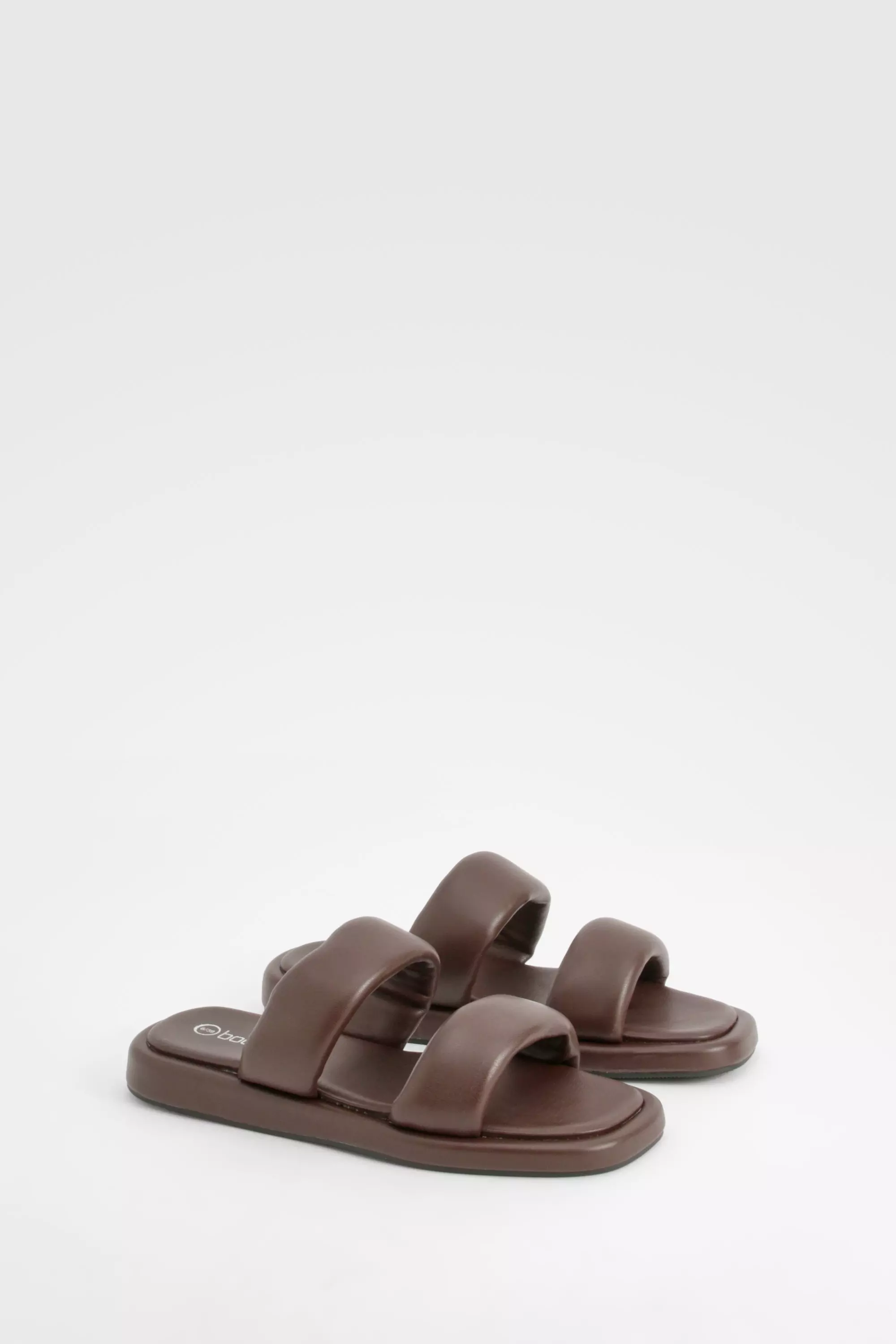 Chocolate Padded Minimal Double Strap Sliders صورة بديلة