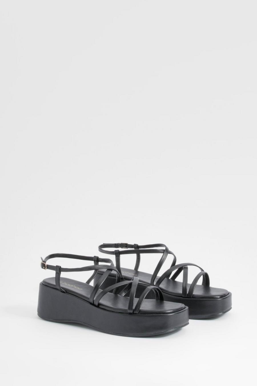 Black Minimal Strappy Flatform Sandals image number 1