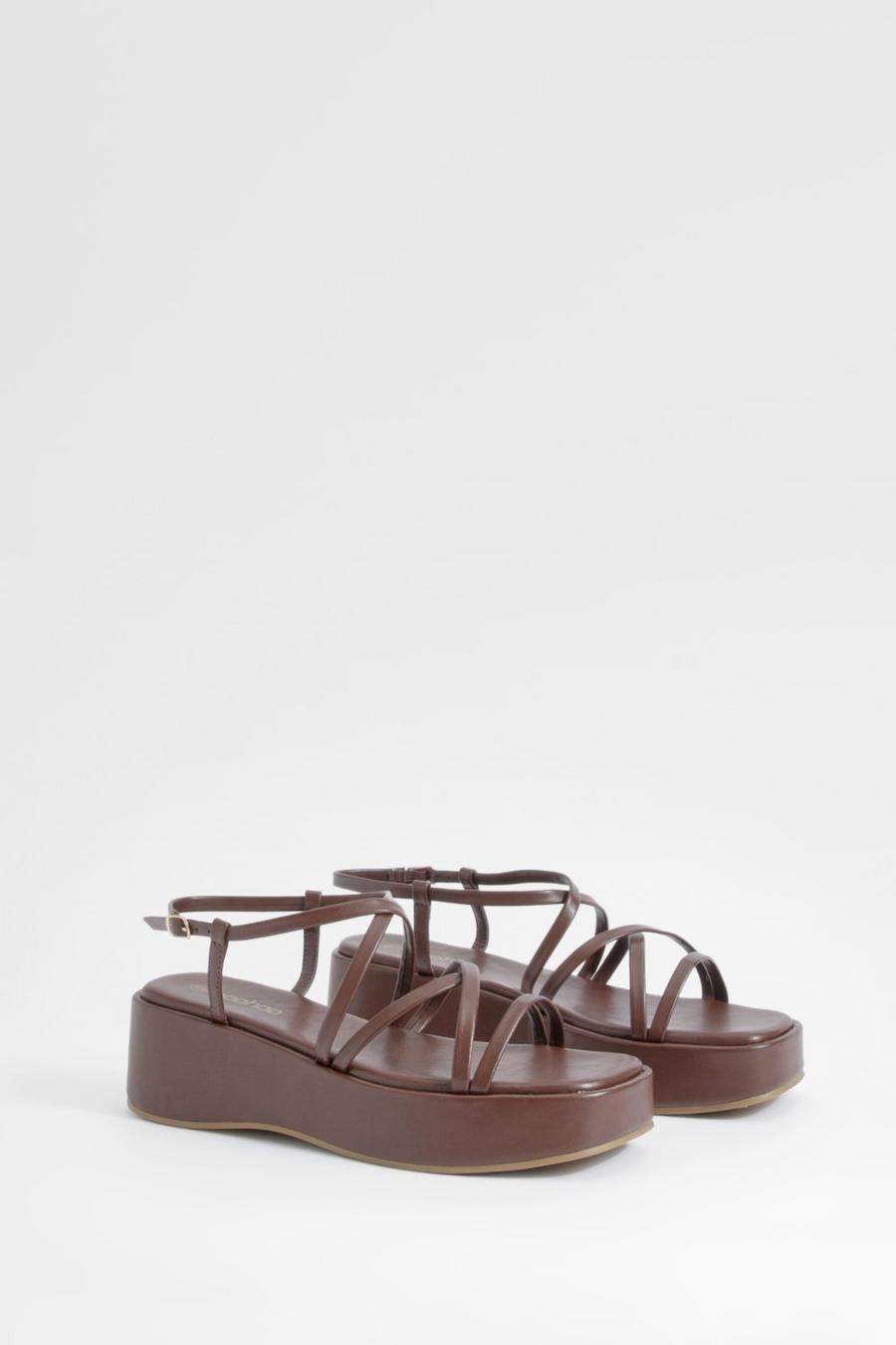 Chocolate Minimal Strappy Flatform Sandals image number 1