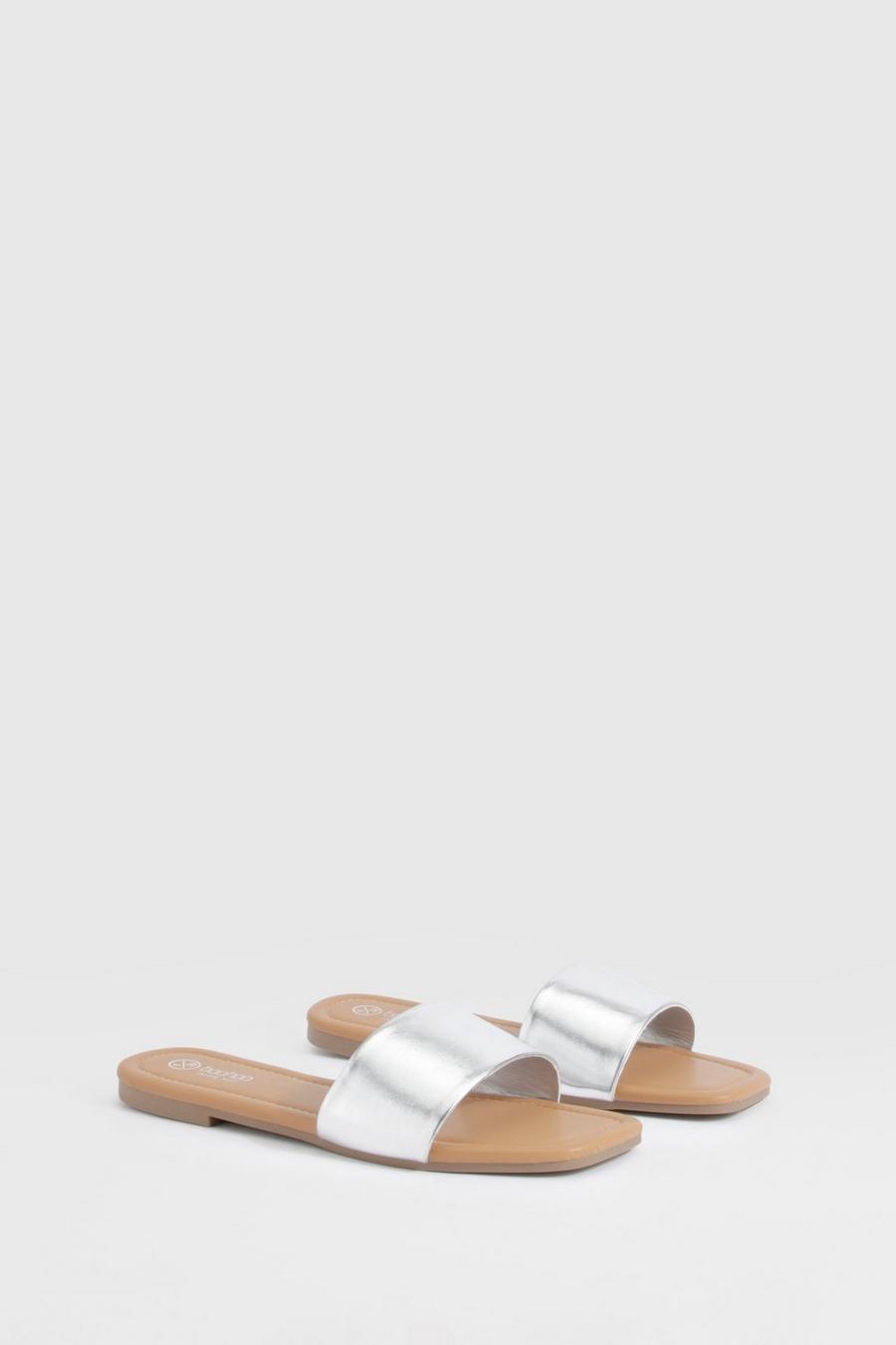 Sandalias mule de holgura ancha minimalistas metálicas, Silver