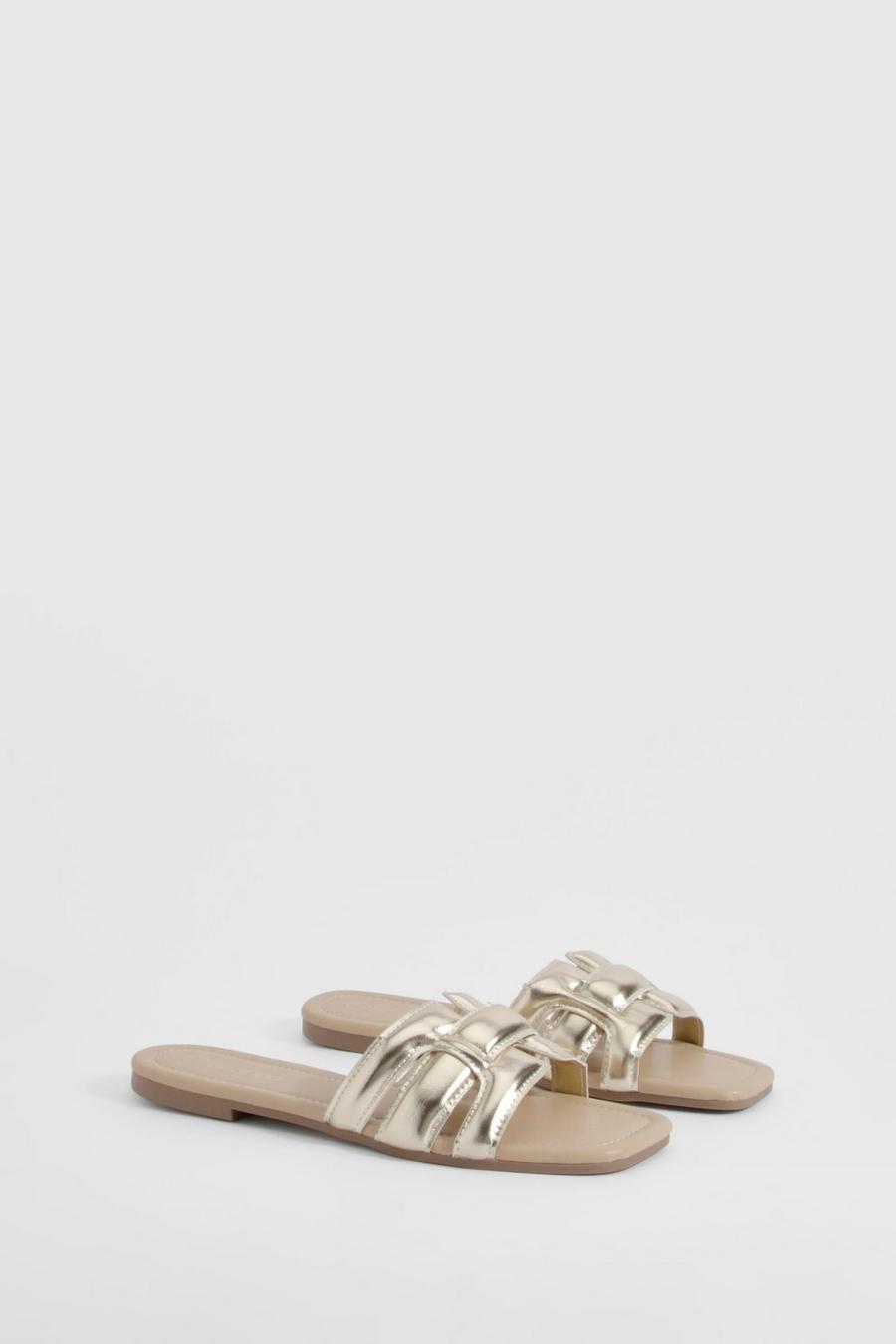Gold Metallic Contrast Stitch Woven Mule Sandals 