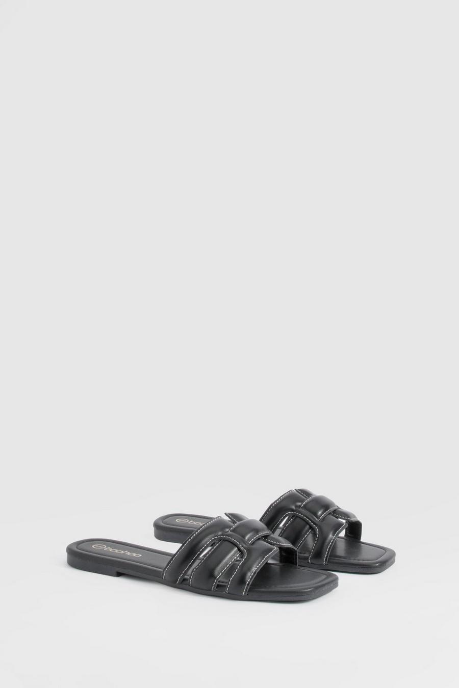 Black Contrast Stitch Woven Mule Sandals