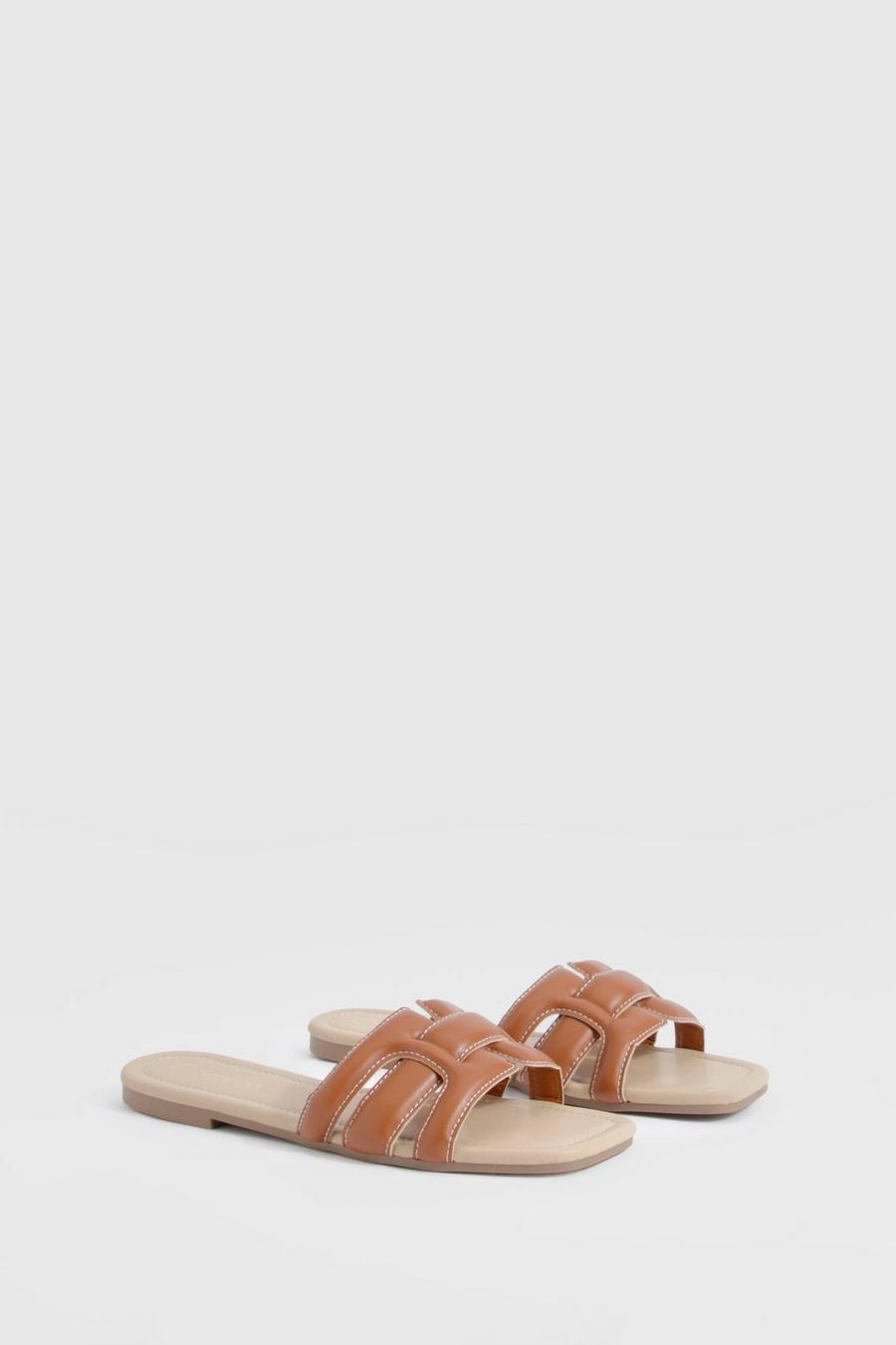 Tan Contrast Stitch Woven Mule Sandals image number 1