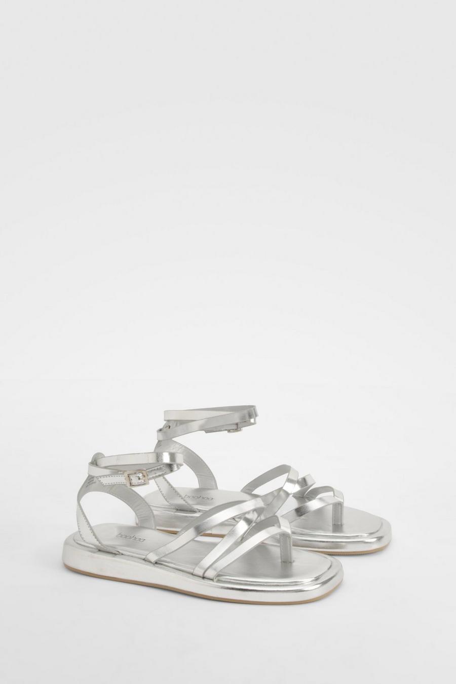 Silver Wide Width Strappy Chunky Sandals image number 1