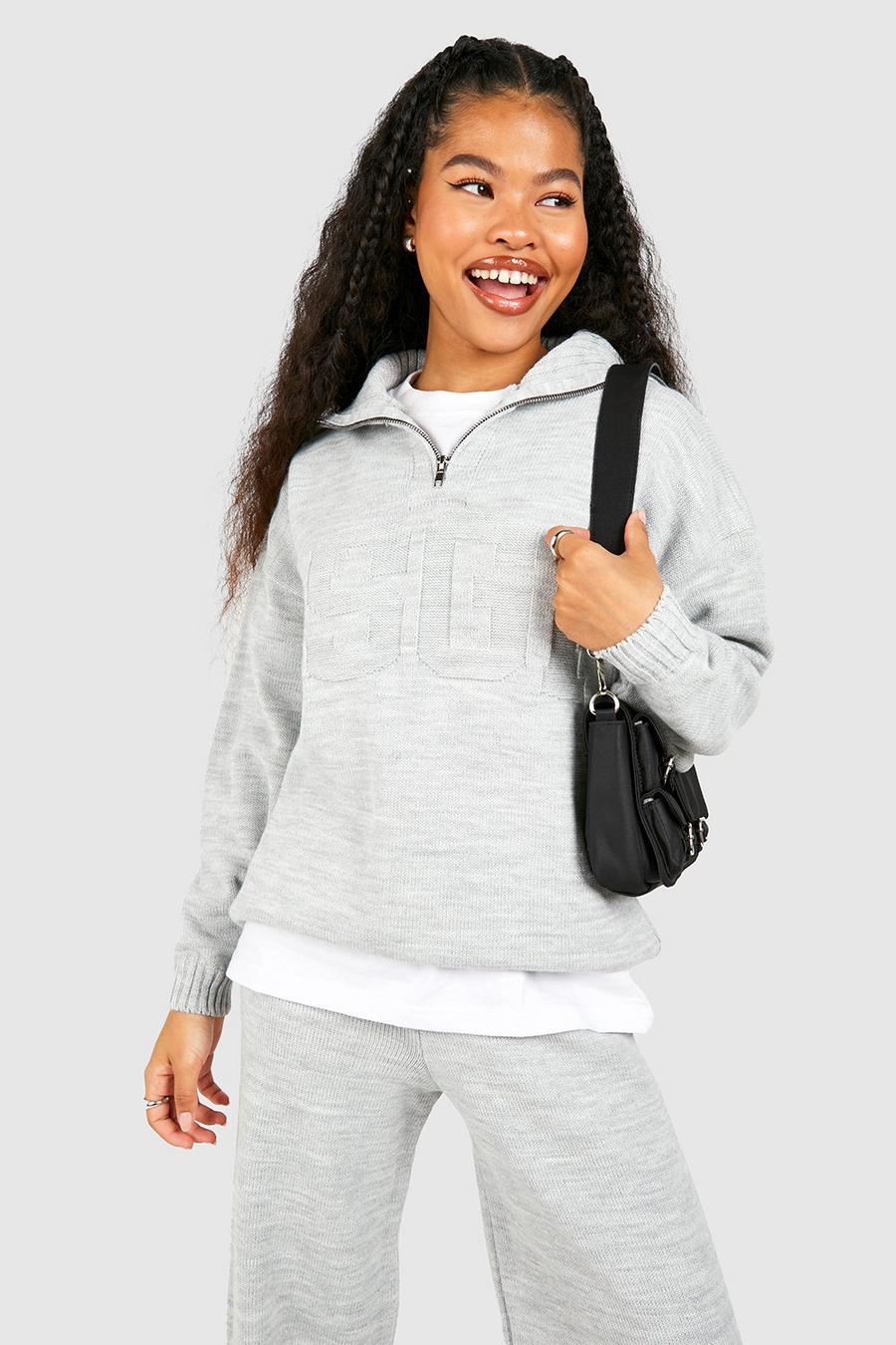 Grey Petite Dsgn Embossed Knitted Half Zip Sweater image number 1