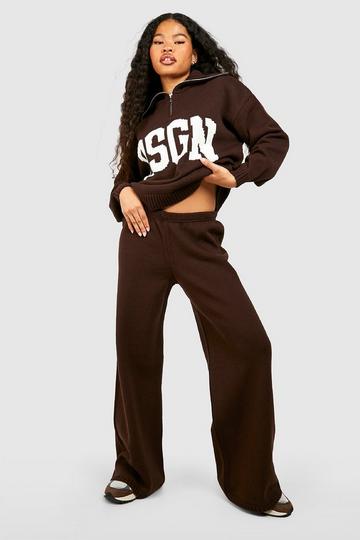 Petite Gebreide Wide Leg Broek chocolate