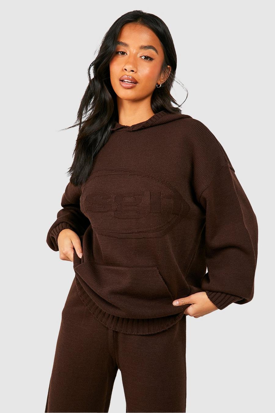 Chocolate Petite Dsgn Embossed Knitted Hoodie image number 1