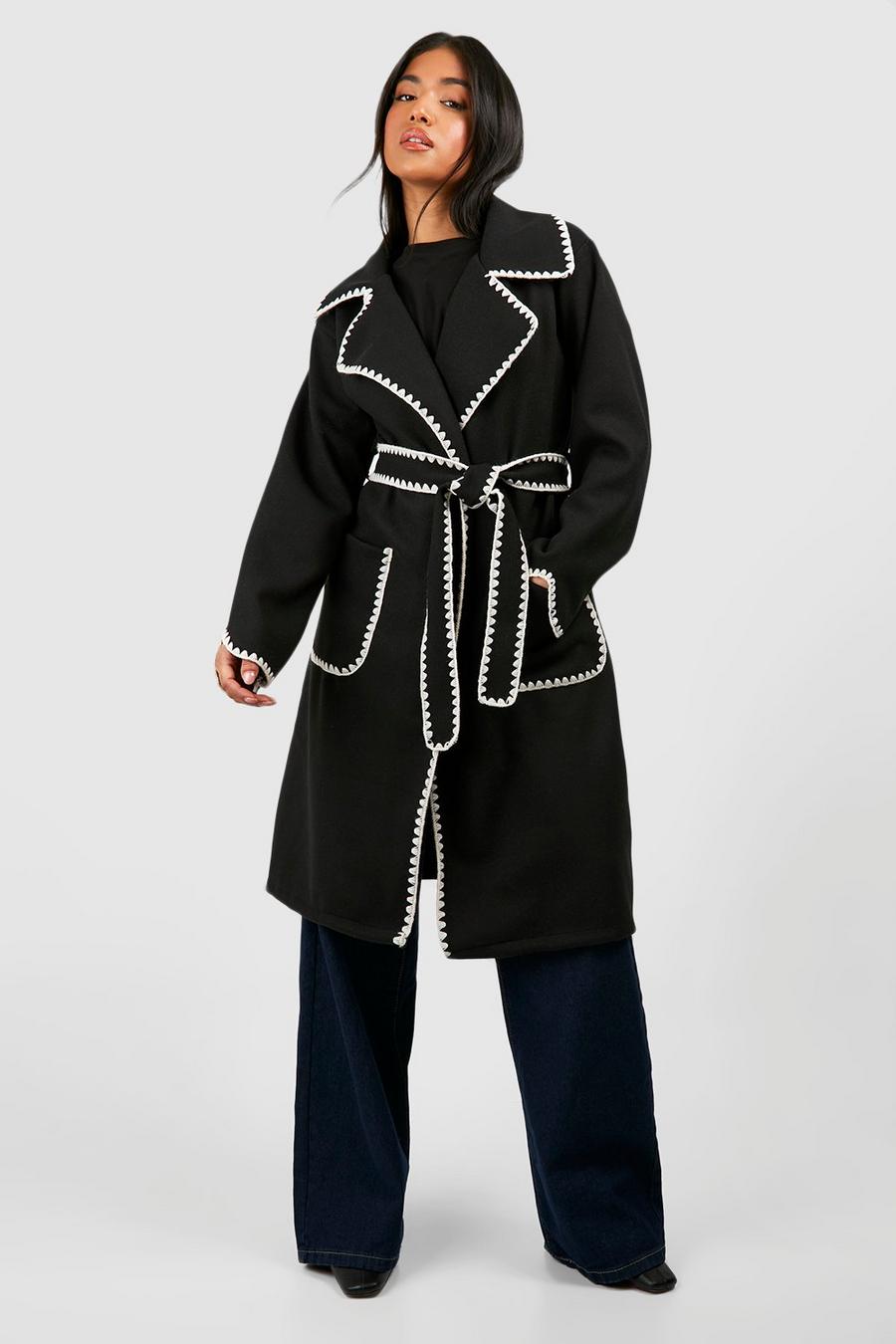 Black Petite Contrast Stitch Belted Wool Look Coat image number 1