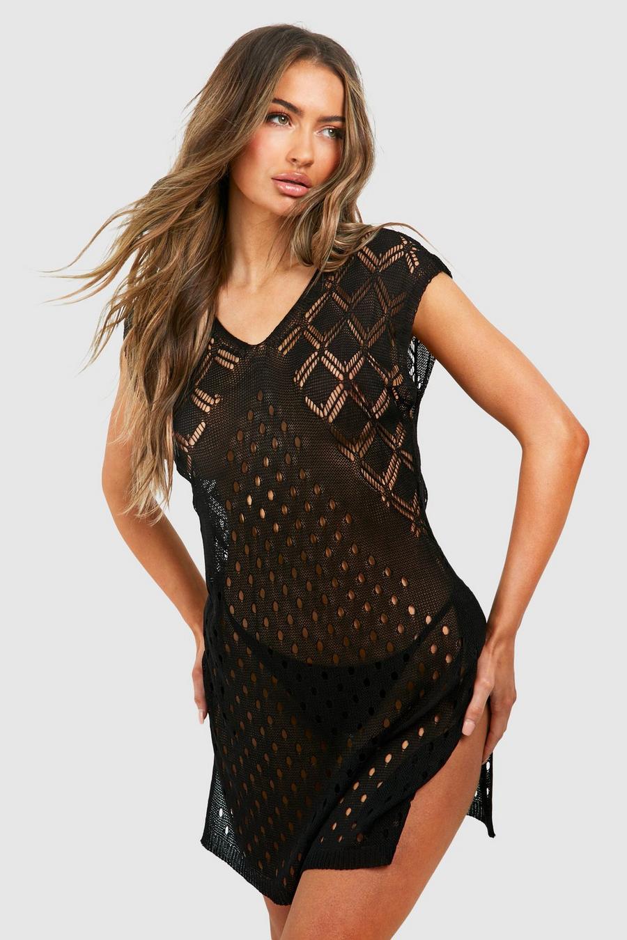 Black Crochet Knit Cover-up Beach Dress image number 1