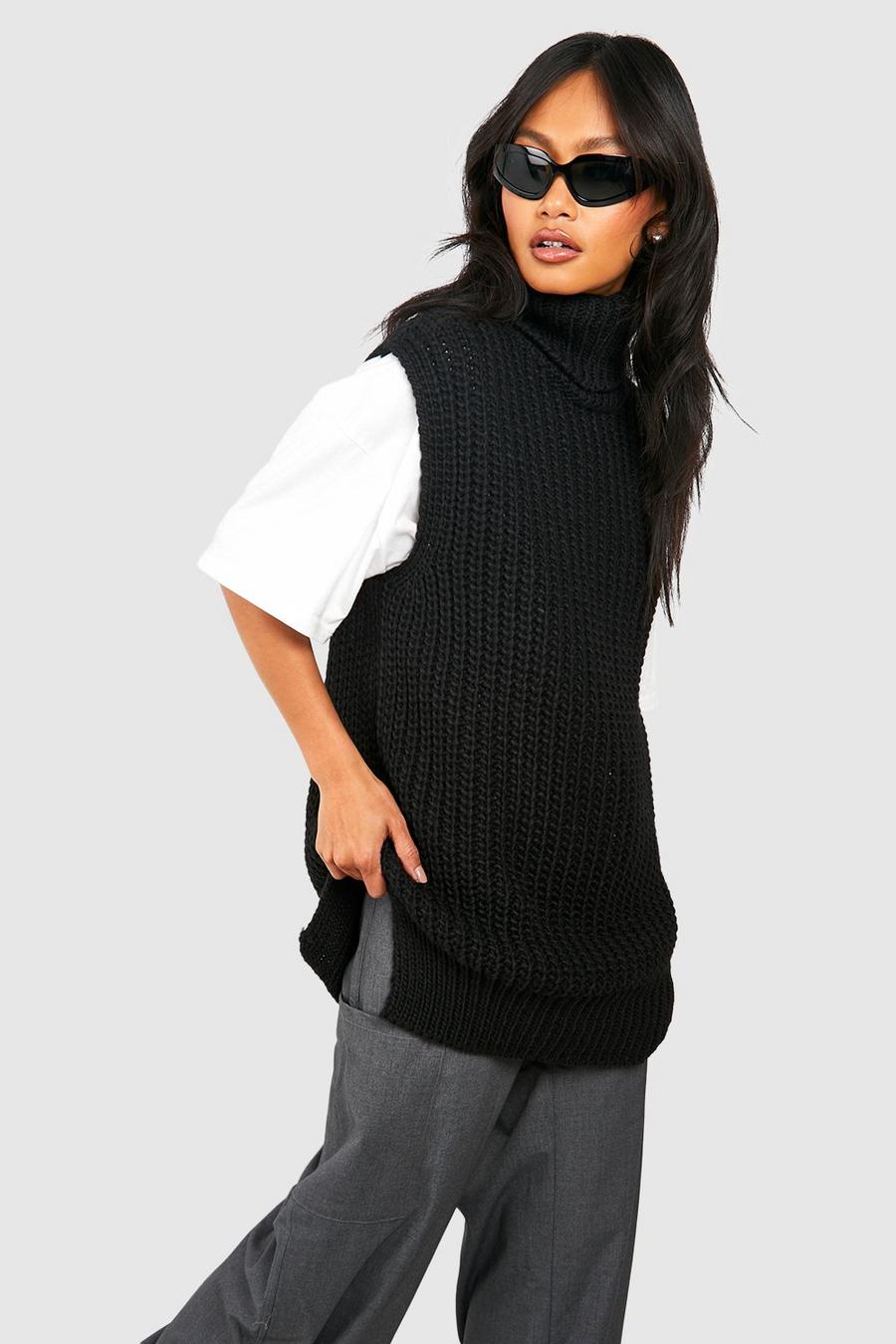 Black Oversized Chunky Knit Roll Neck Sleeveless Vest image number 1