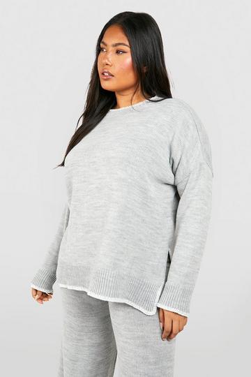 Plus Blanket Stitch Oversized Crew Neck Jumper grey marl