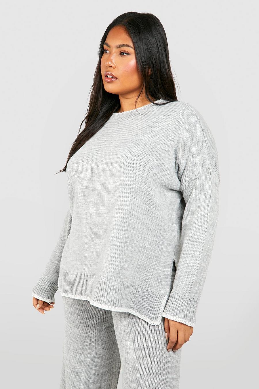Grey marl Plus Blanket Stitch Oversized Crew Neck Sweater image number 1