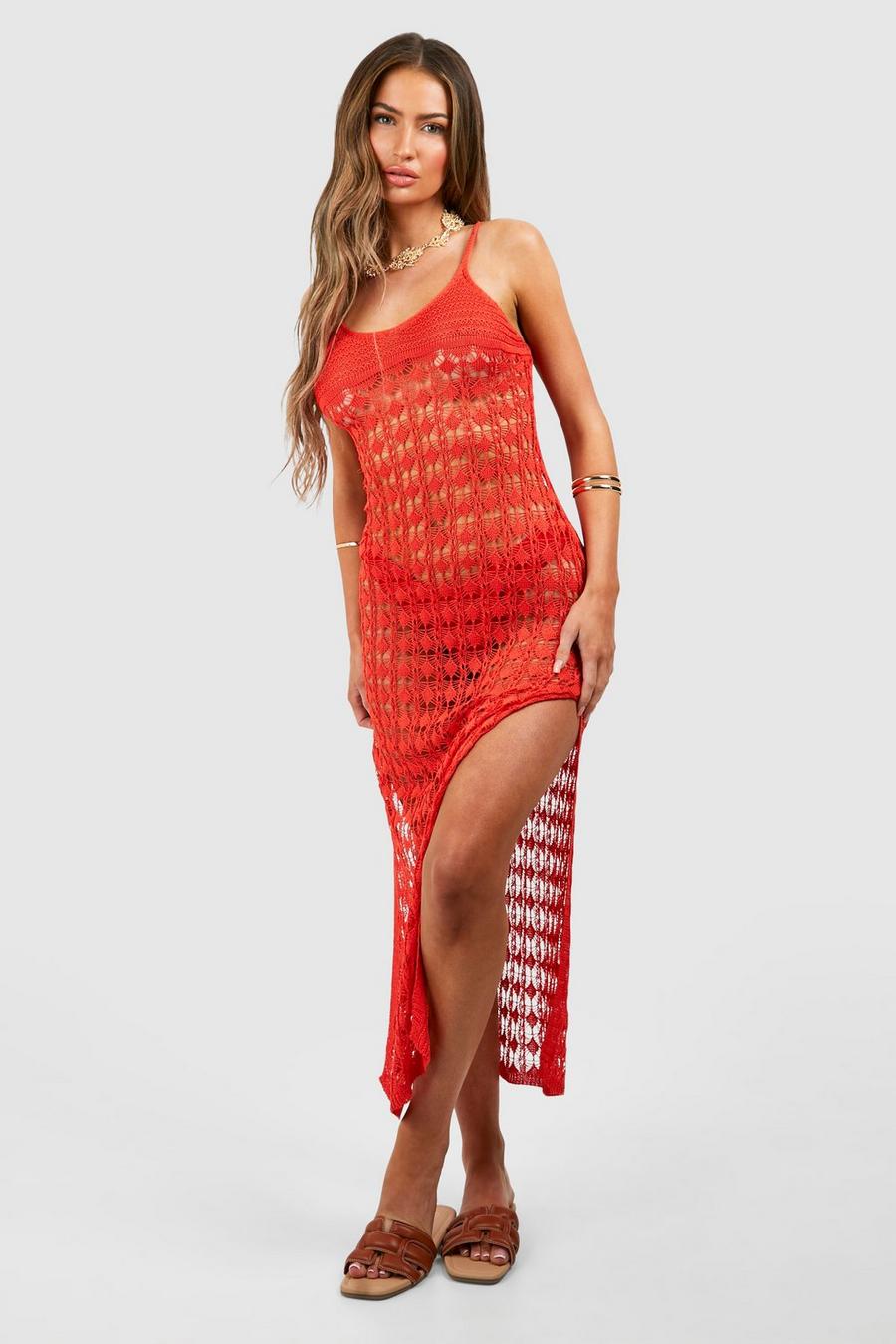 Red orange Crochet Strappy Beach Maxi Dress